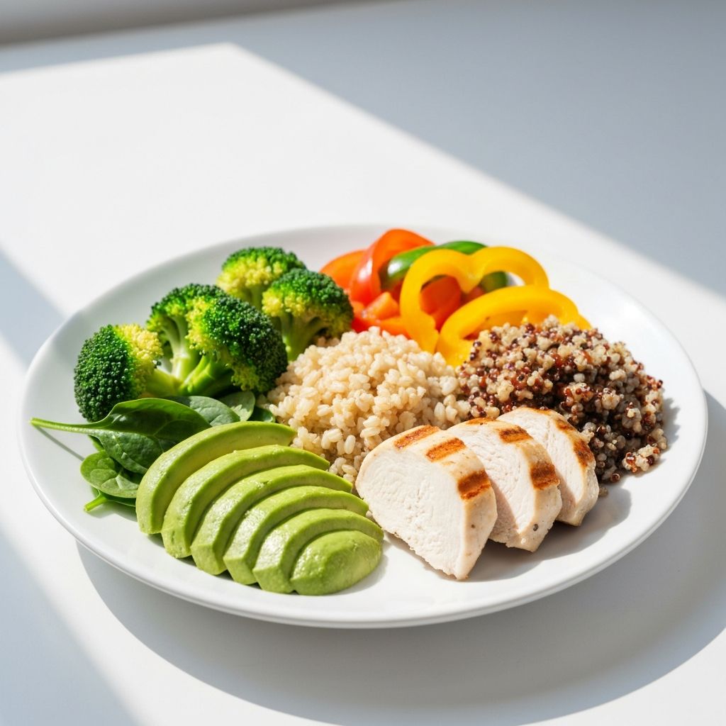 Perfectly balanced plate with vegetables, grains, and protein